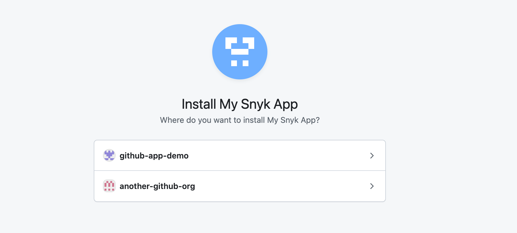 Selection of the GitHub organization to install the app into