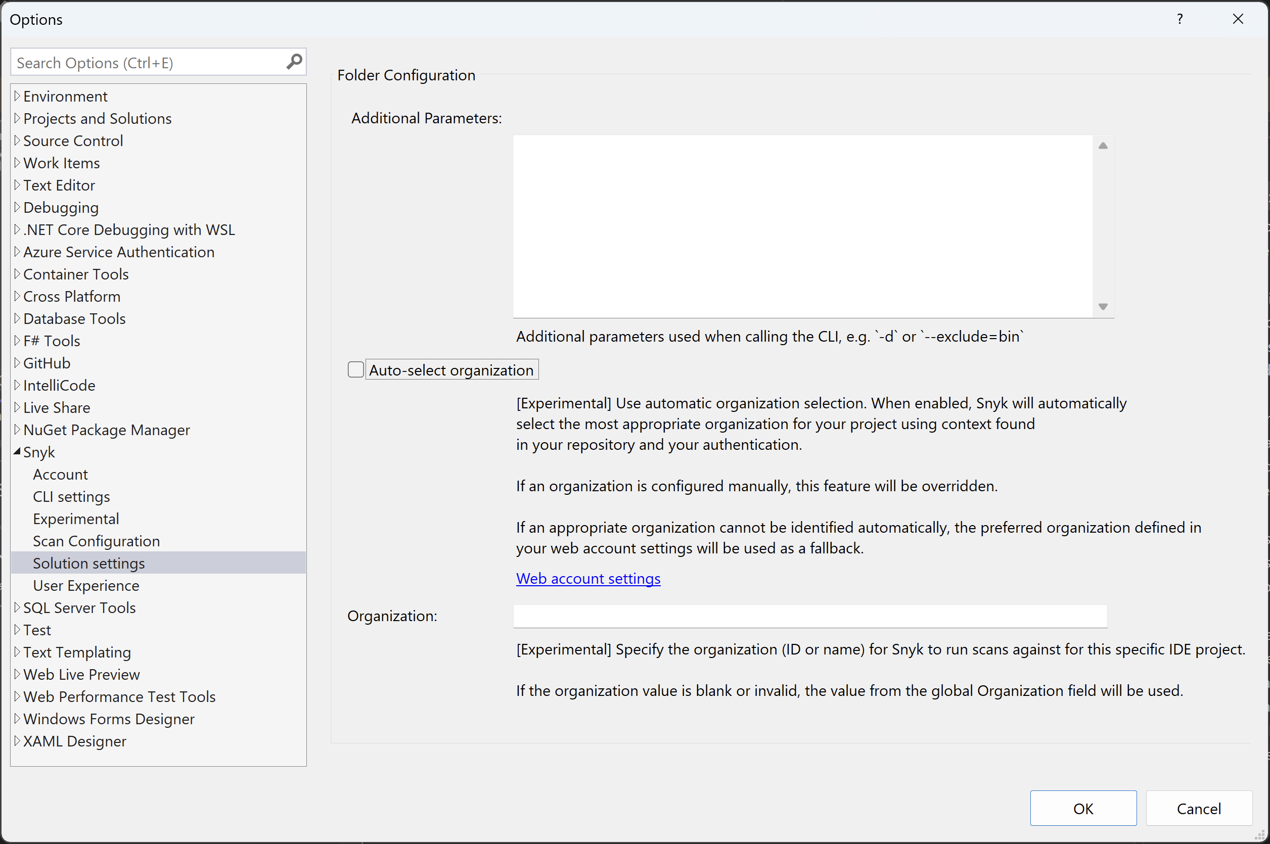 VS Extension Solution settings