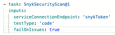 Snyk task to test application code, as added to the pipeline