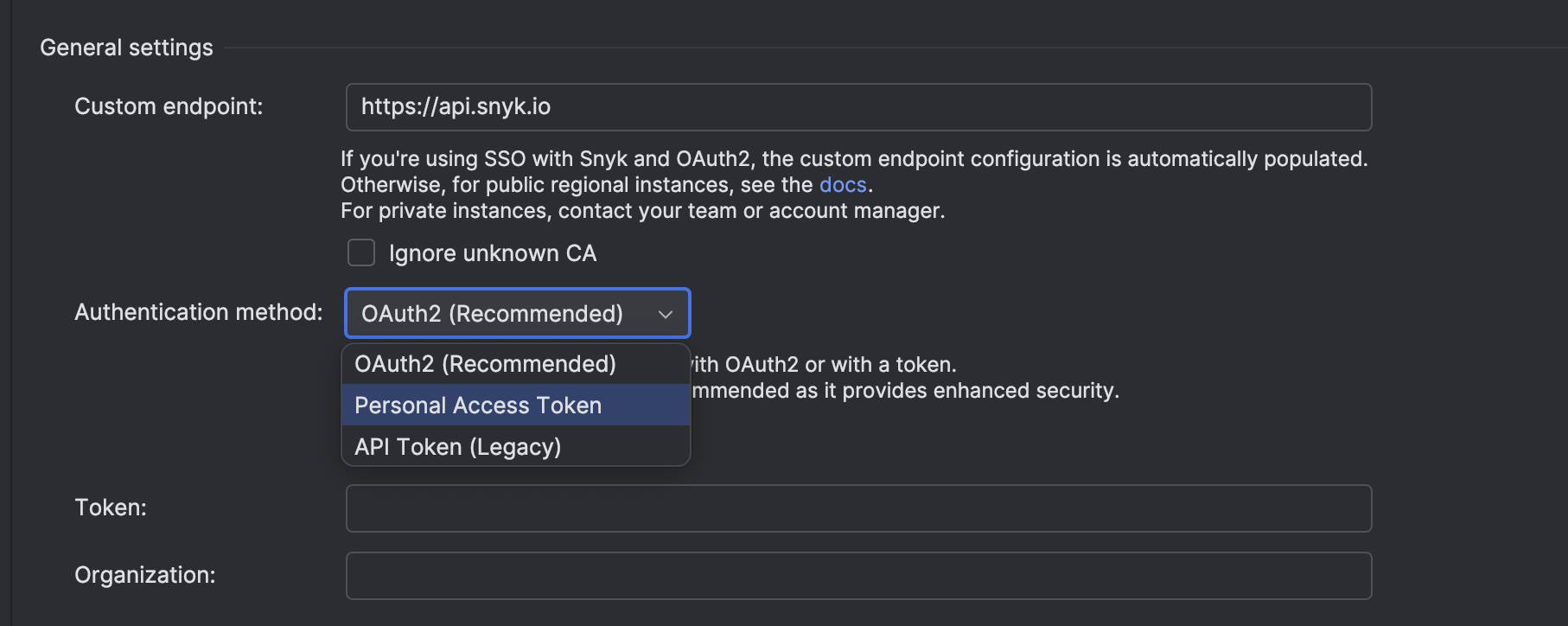 Authentication methods available in the Snyk plugin in Jetbrains IDEs