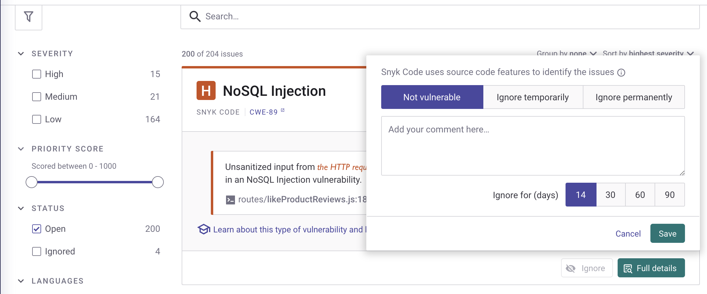 Ignoring issues in the Web UI