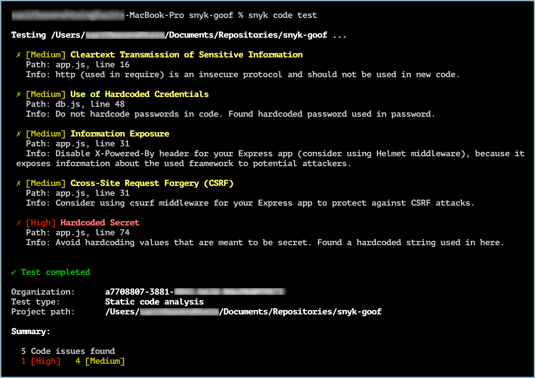 Example of Snyk Code CLI test results