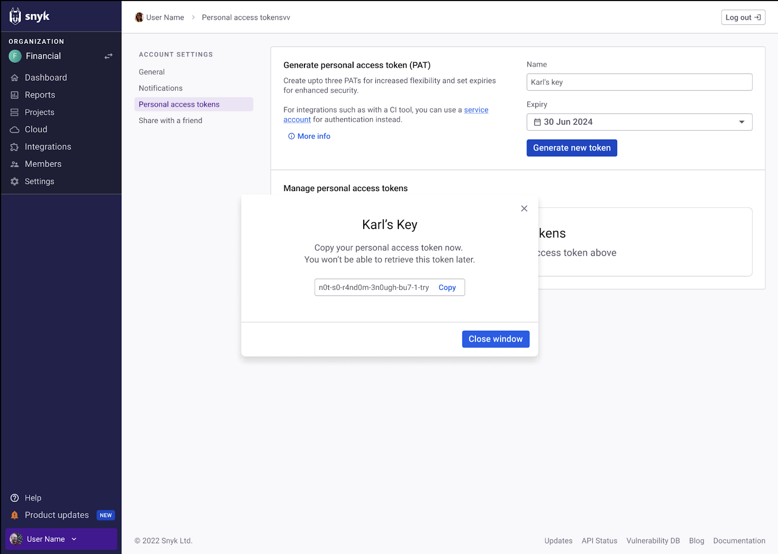 Generated personal access token shown once in a confirmation window