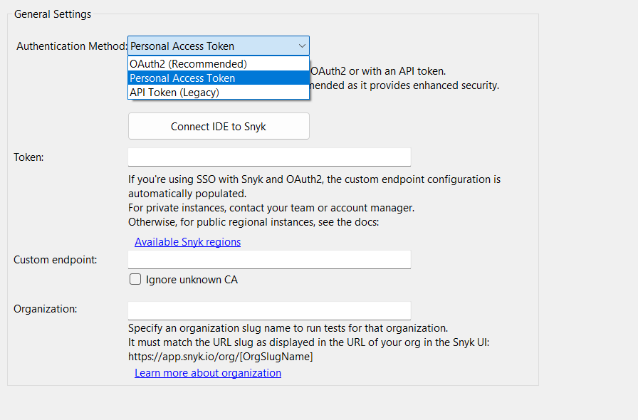 Authentication methods available in the Snyk extension in Visual Studio