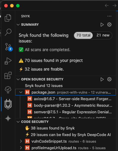 Summary panel with a toggle that shows the total number of issues, and the number of issues in the checked out branch or current folder