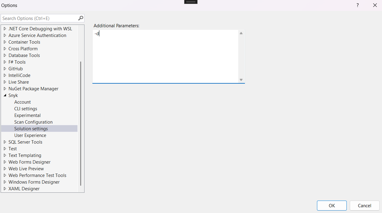 Add the -d parameter in the Solution settings