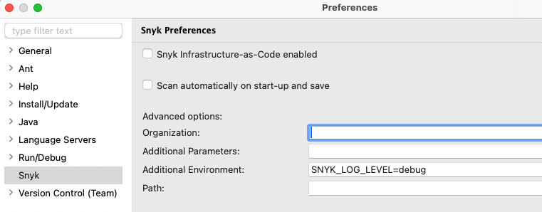 Snyk Preferences, Eclipse