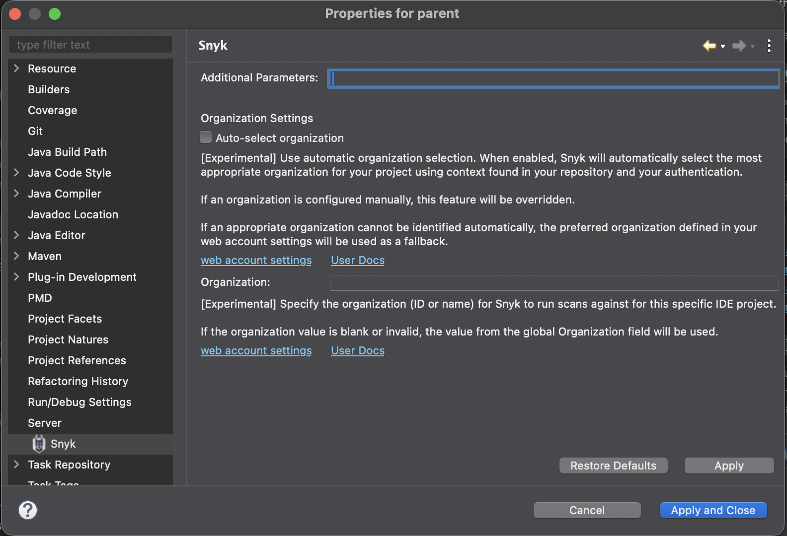 Snyk Project-specific properties page, allowing entry of scan parameters and specific organization settings for the Project