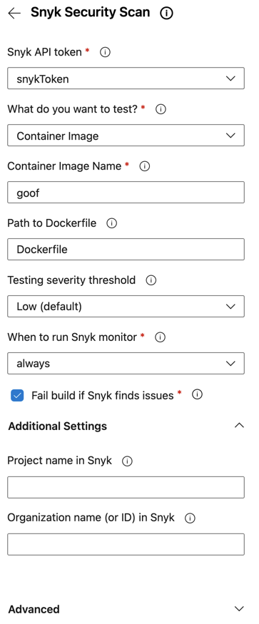 Snyk Security Scan configuration panel