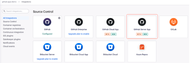 GitHub Server App tile highlighted in the Snyk UI