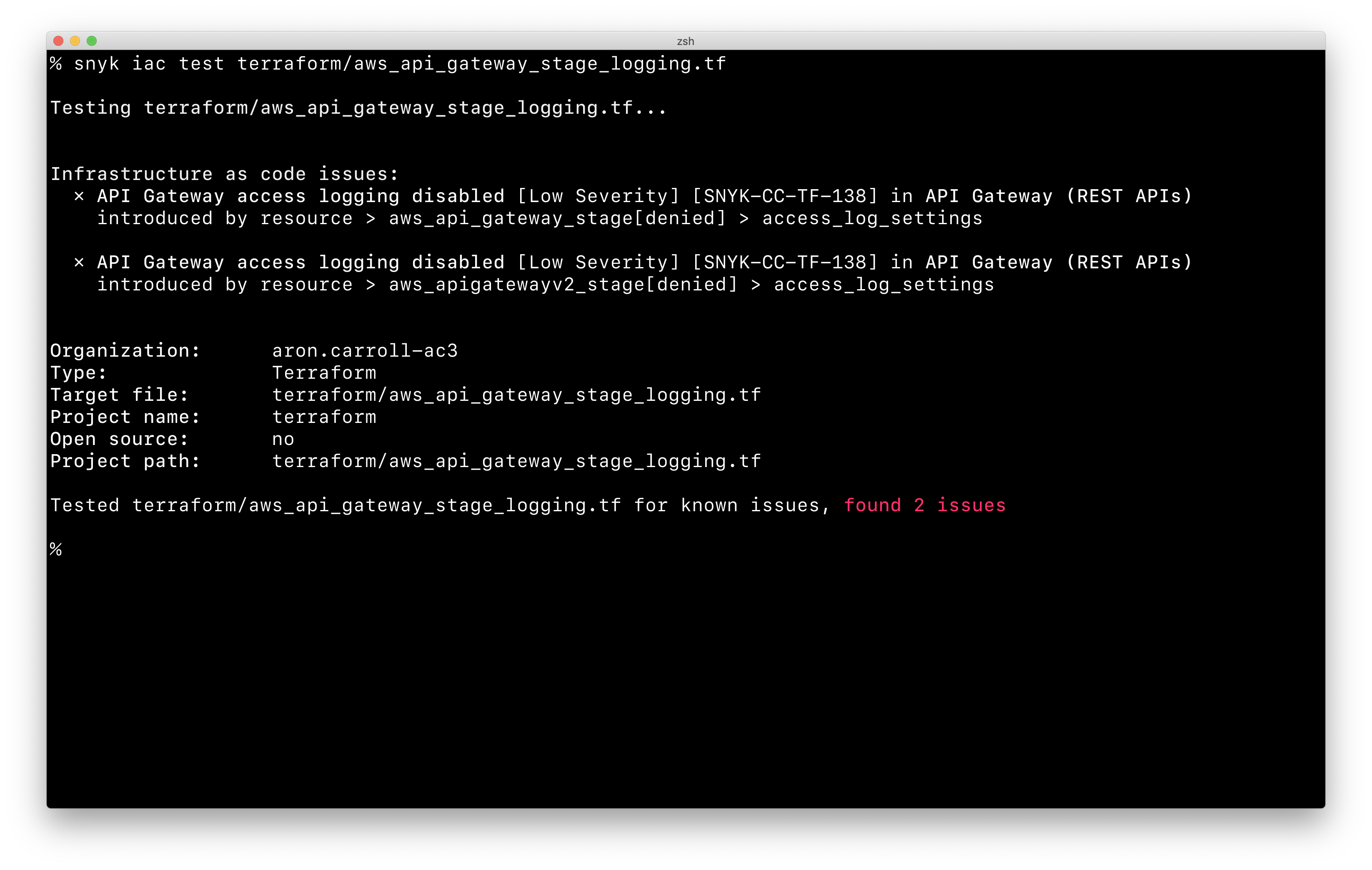 snyk iac test output