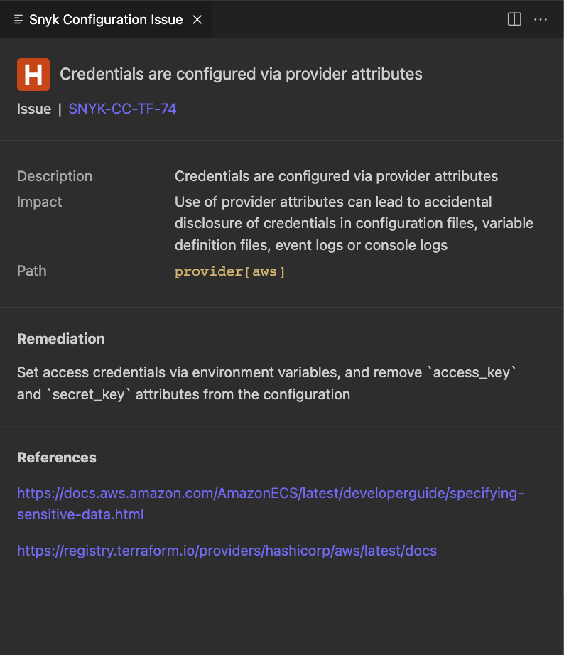 Details panel for a Snyk IaC configuration issue