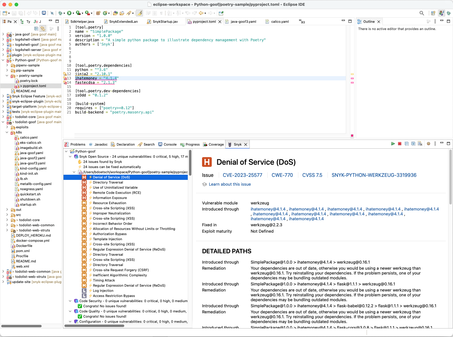 Details for a Snyk Open Source issue dispilayed in the Snyk view