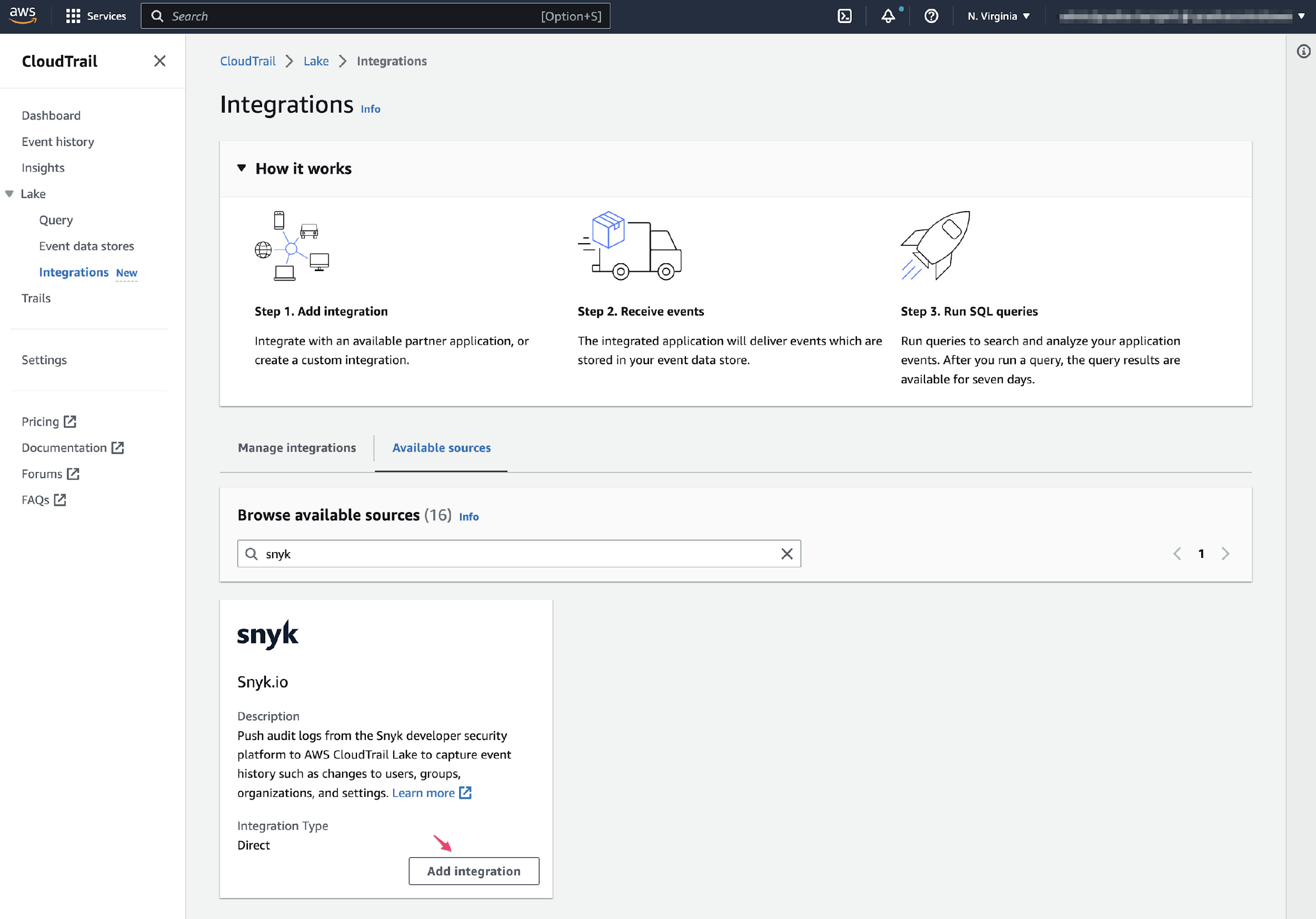 Choose Snyk, Add integration for Snyk