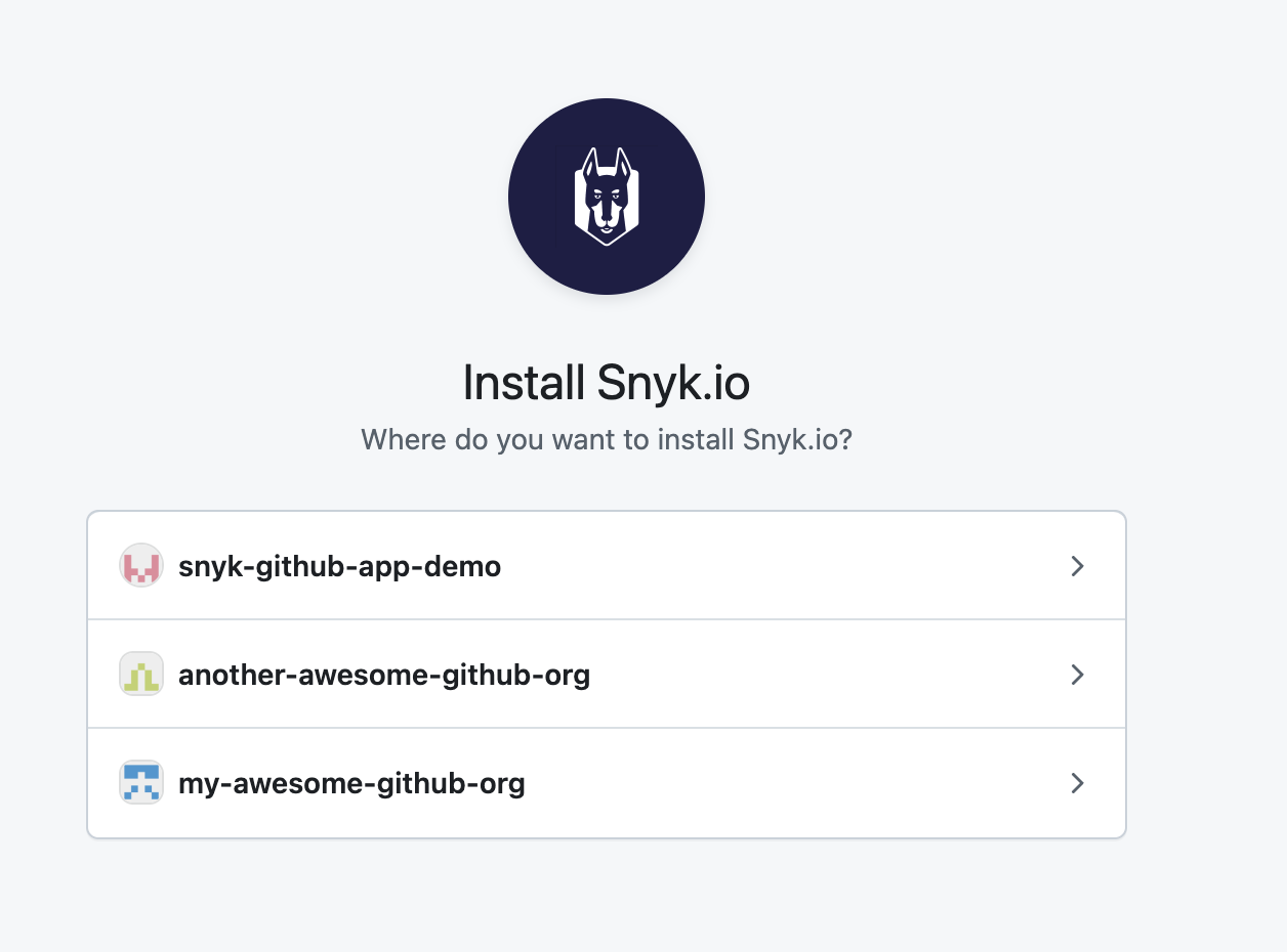 Selection of the GitHub organization to install the app into