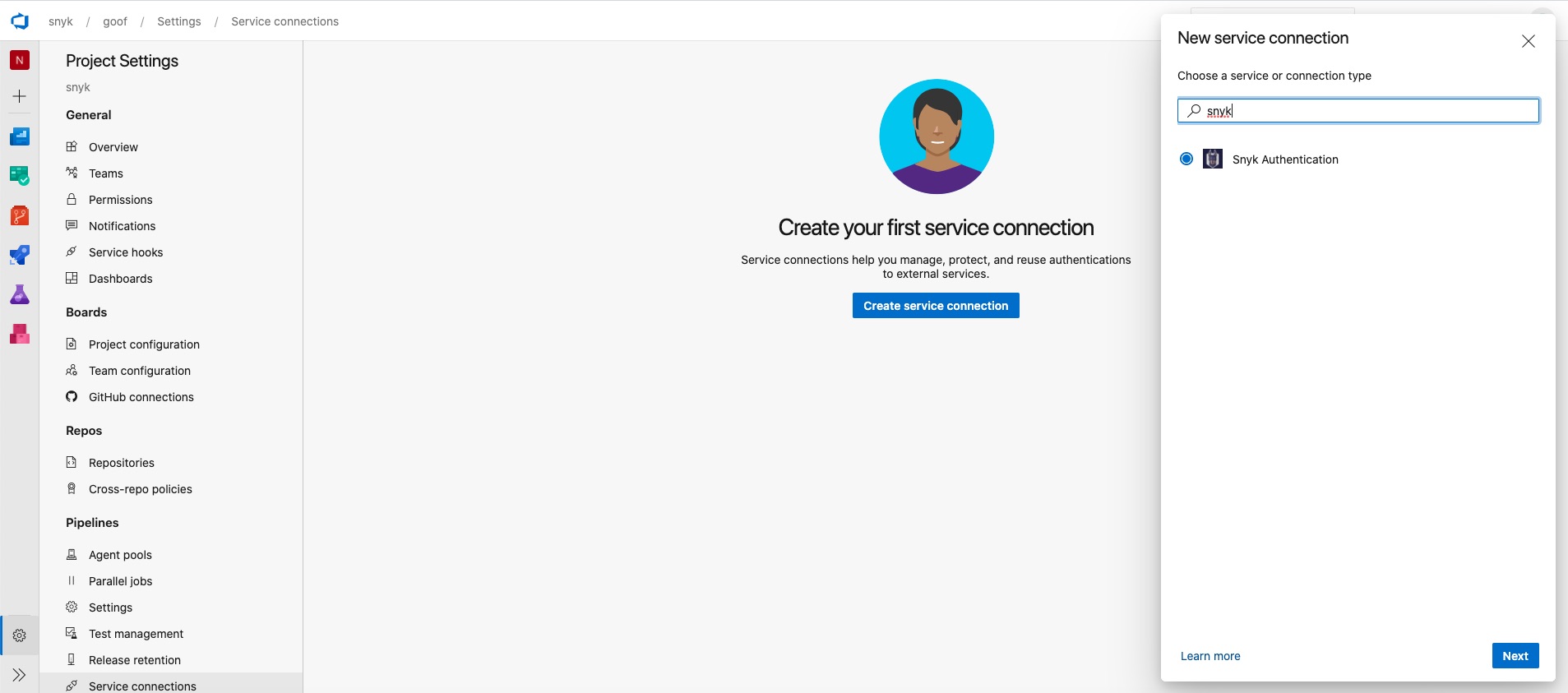 Create your first service connection