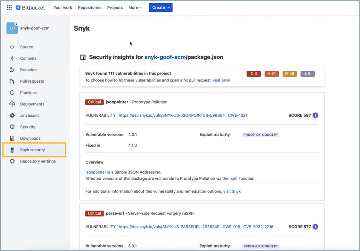 Bitbucket security insights with Snyk Bitbucket Cloud App
