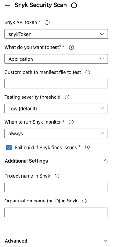 Snyk Security Scan configuration panel