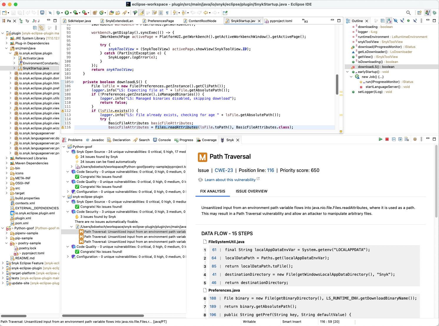 Snyk Code findings displayed in the Snyk View
