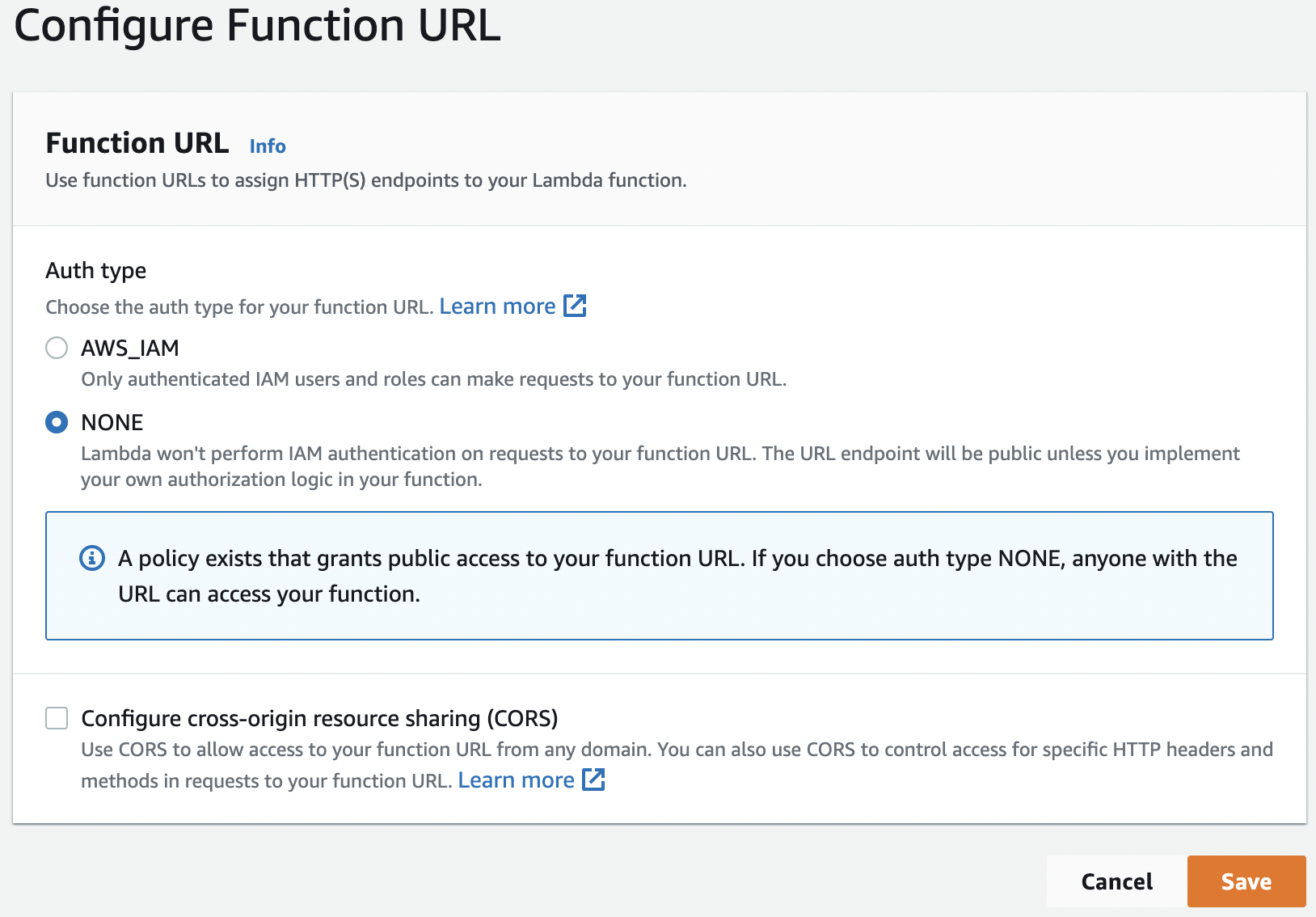 Setting the function URL Auth type to NONE