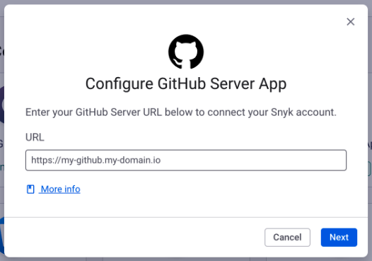 Integration model prompting you for your GitHub Server's URL