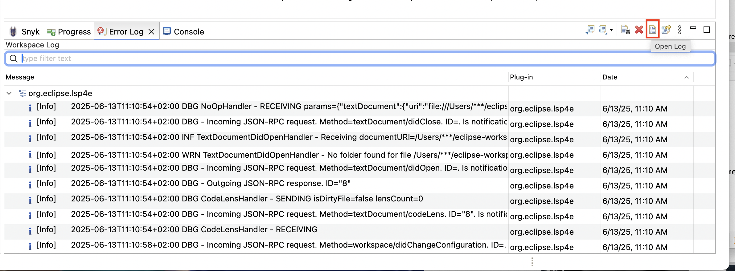 Error Log view