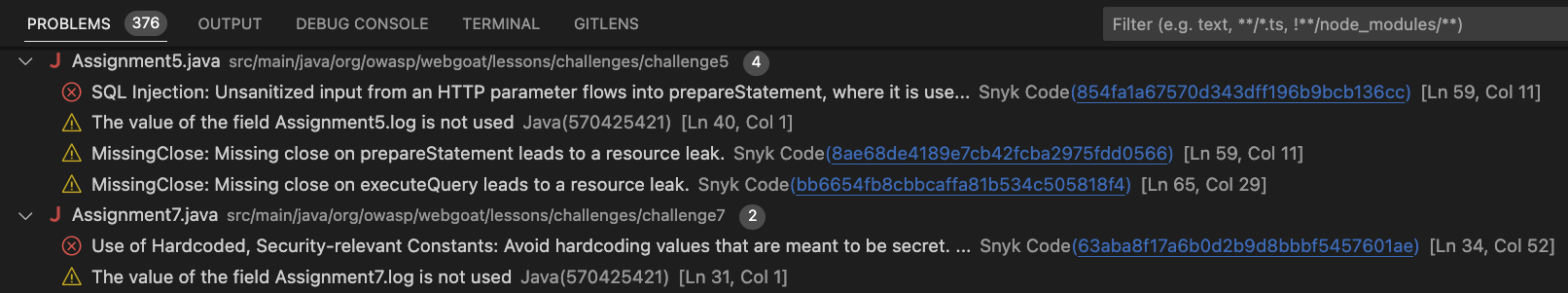 Visual Studio Code Problems tab