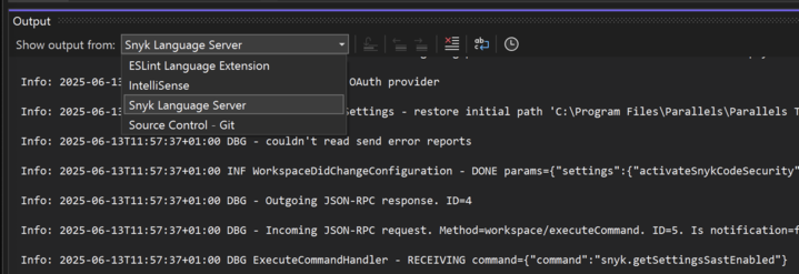 Visual Studio Output window with the Snyk Language Server debug logs