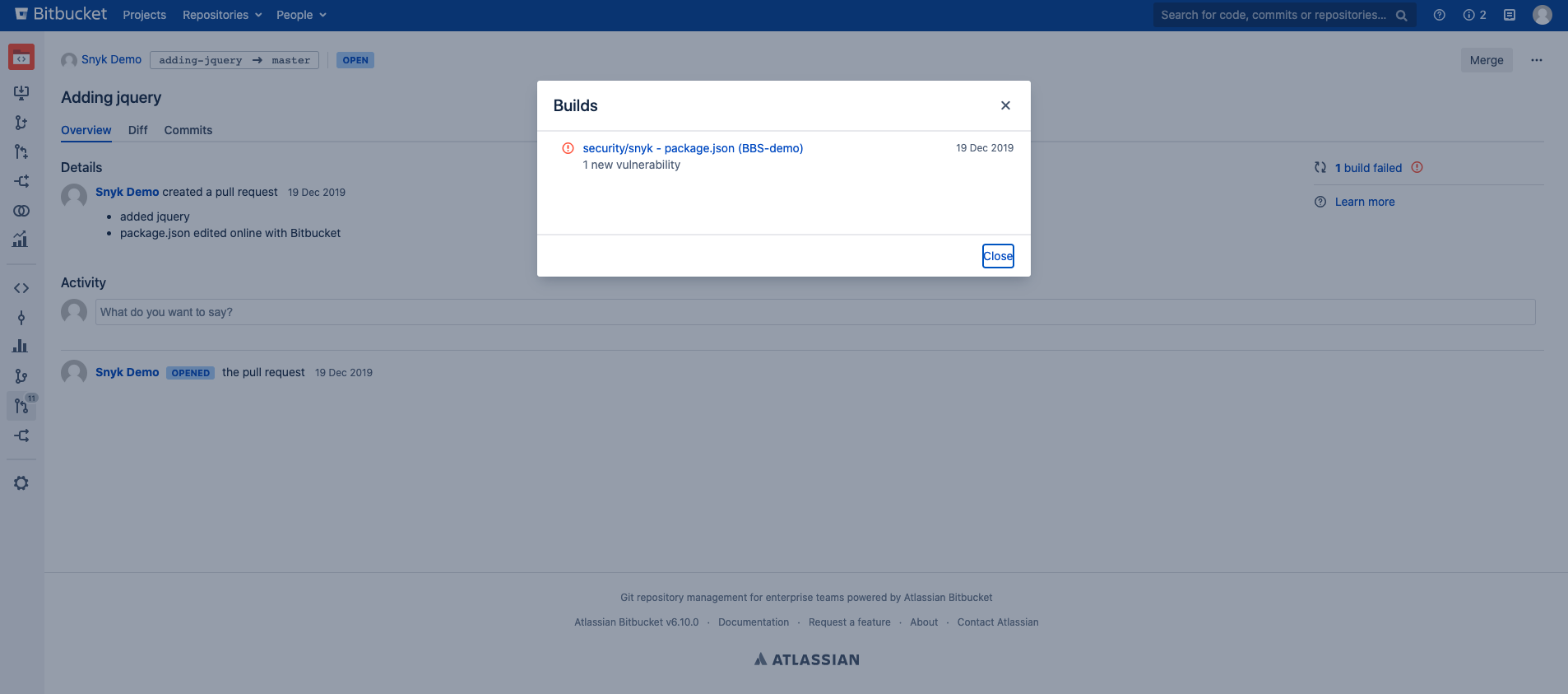 Example of a Snyk pull request build check on the Bitbucket Cloud Pull Request page