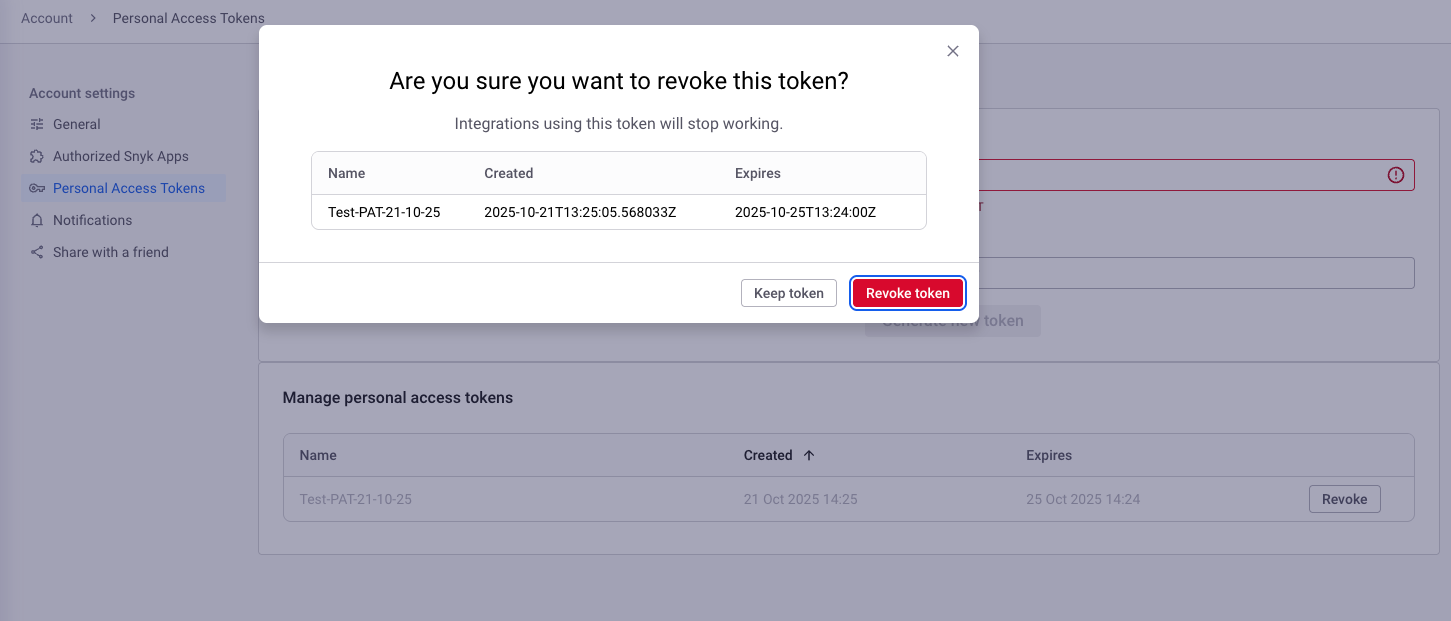 Revoking a personal access token