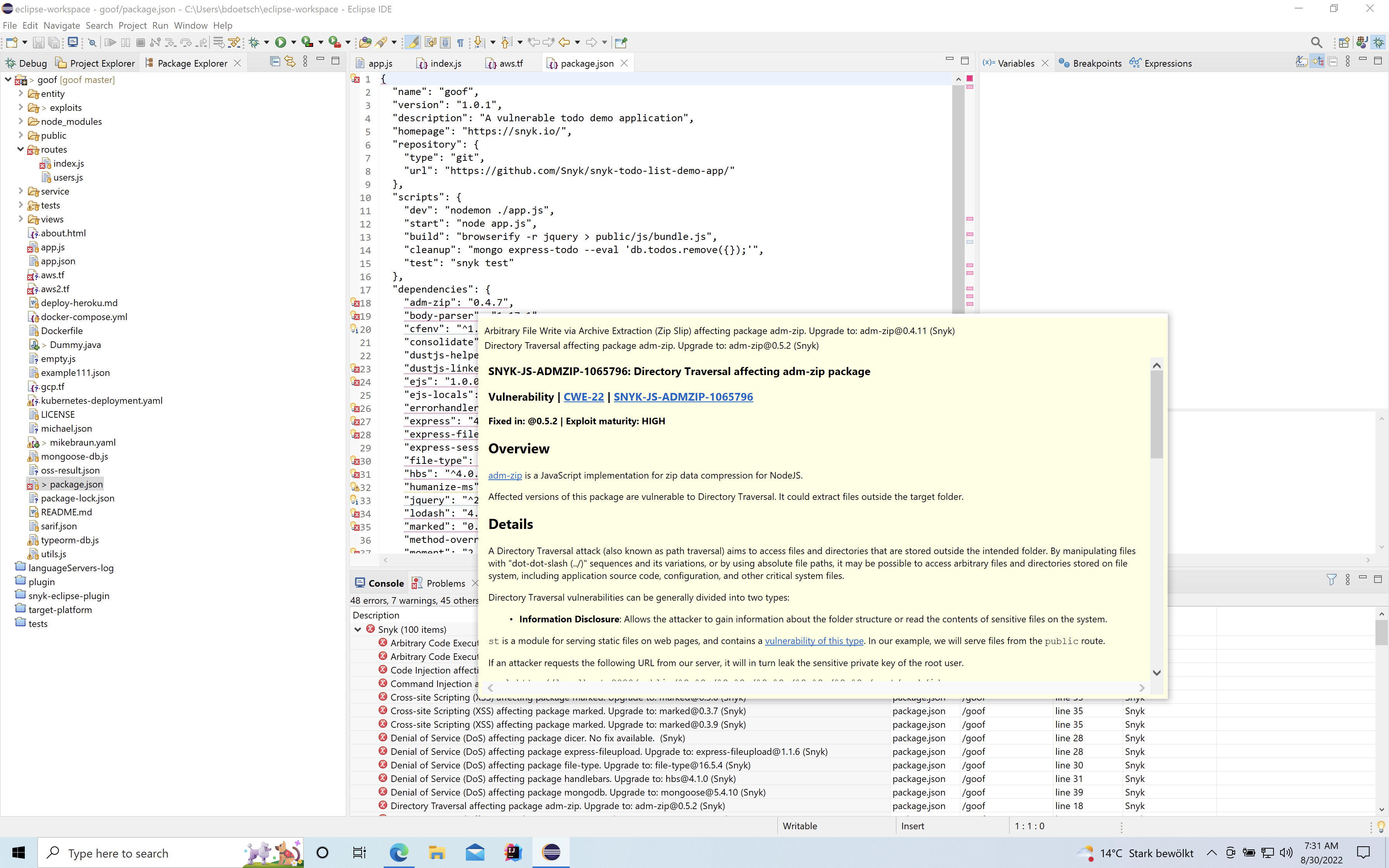 Snyk Open Source issue displayed in Eclipse