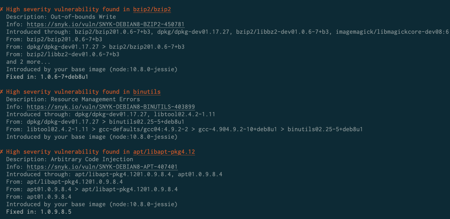Vulnerabilities detected with Snyk Container