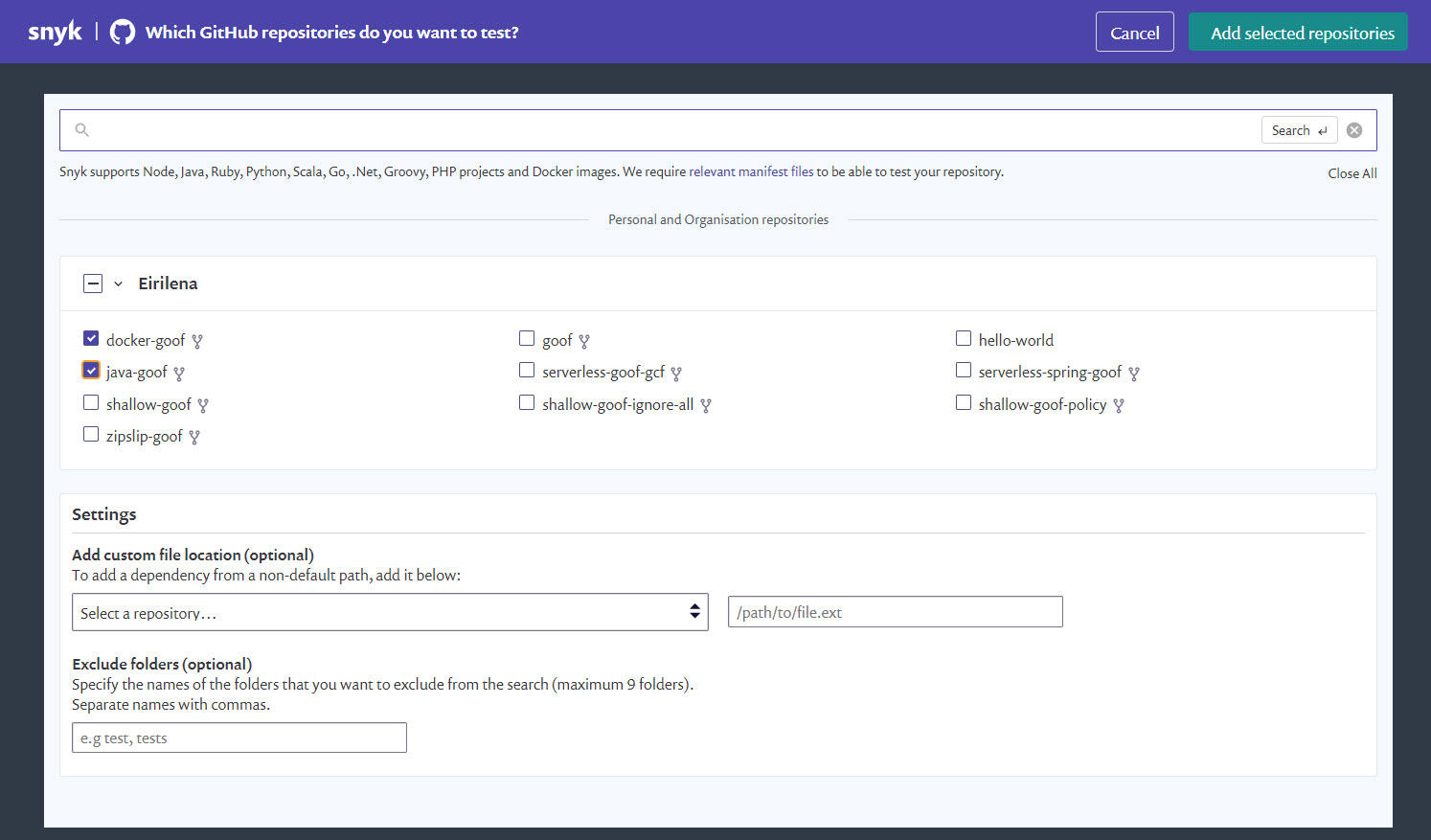 Importing selected repositories to Snyk