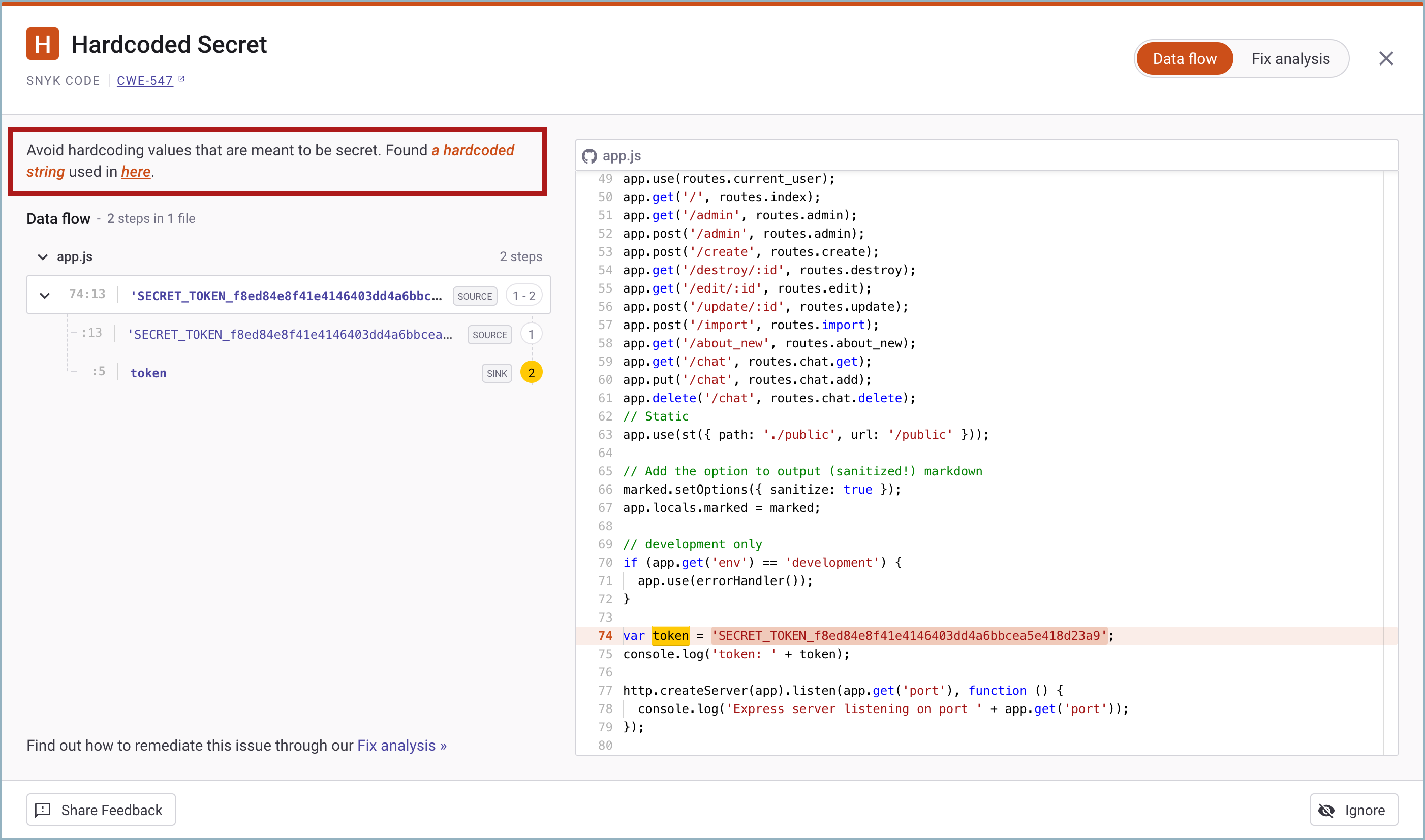 CLI test Info for Snyk Code issue in the Data flow section