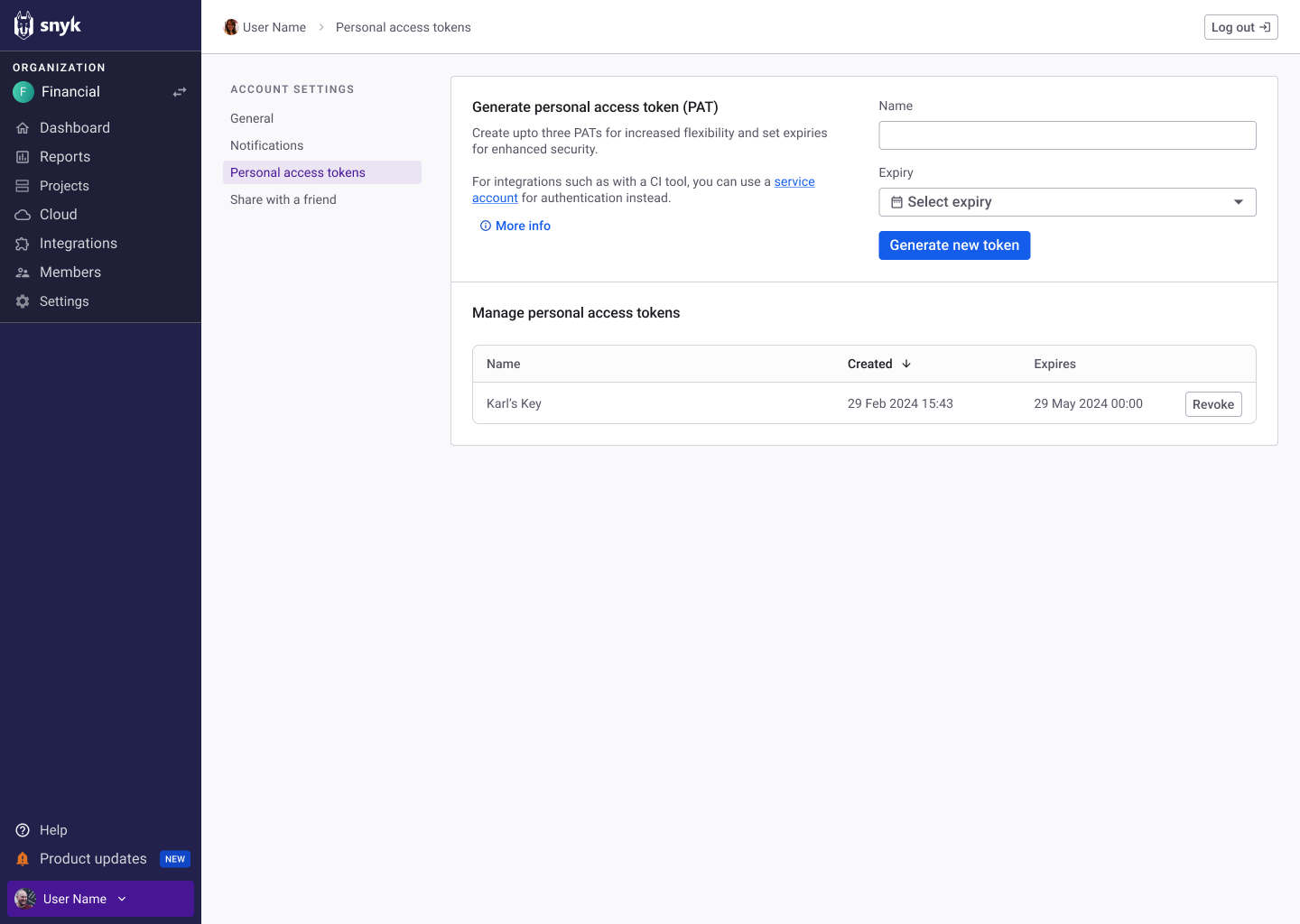 List of personal access tokens showing name, created date, and expiry