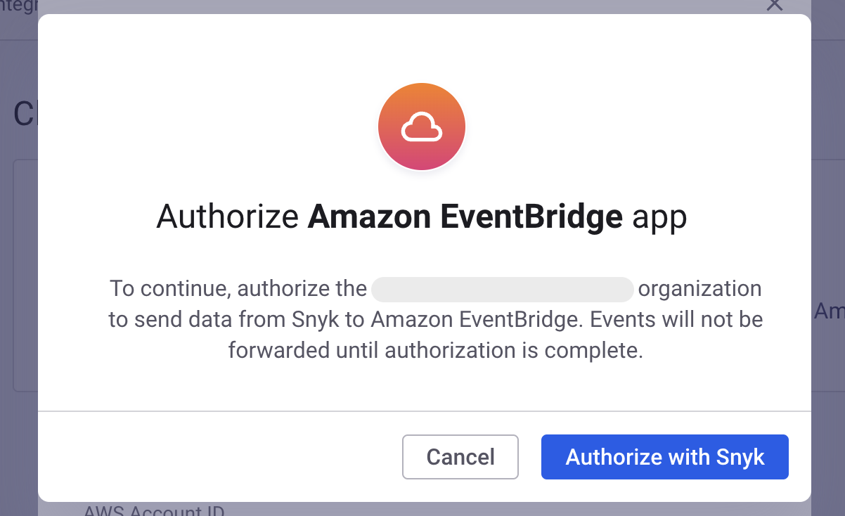 Snyk App authorization prompt for the Amazon EventBridge integration