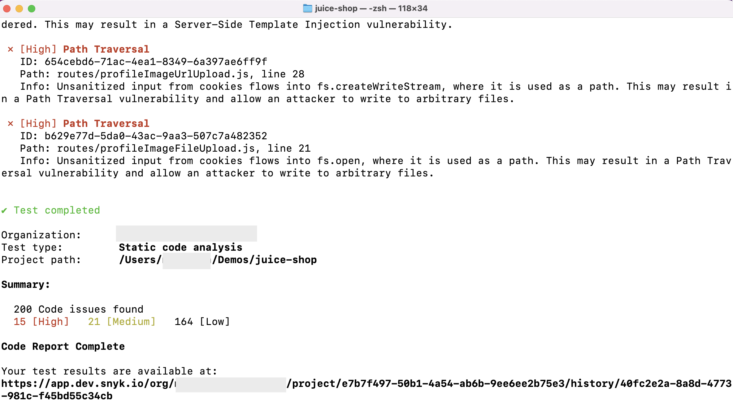 Snyk code test results with --report option