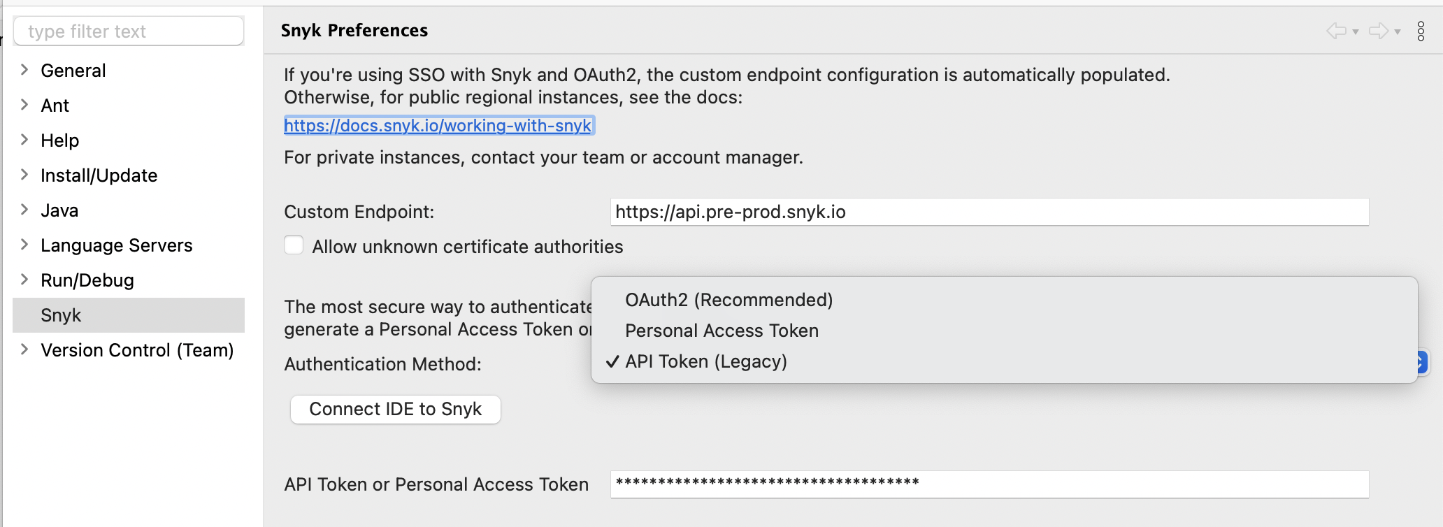 Authentication methods available in the Snyk plugin in Eclipse