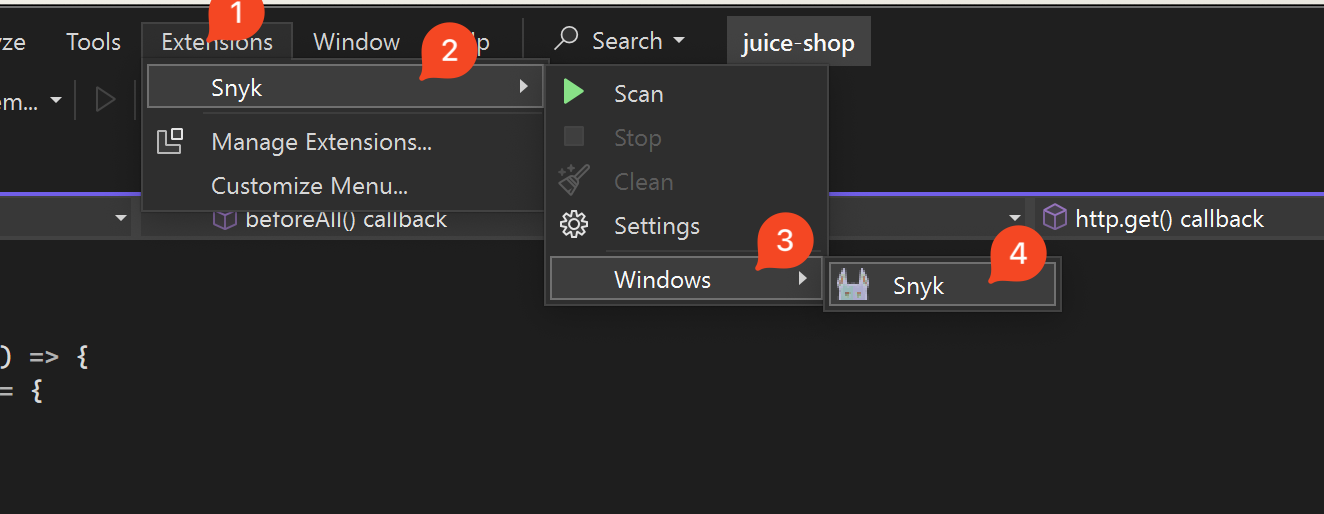 Snyk extension navigation