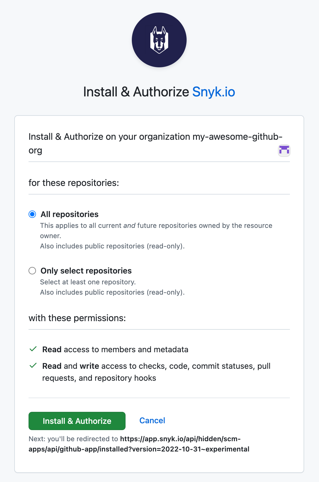 Install and Authorize settings for the GitHub organization you are installing the GitHub Cloud App into