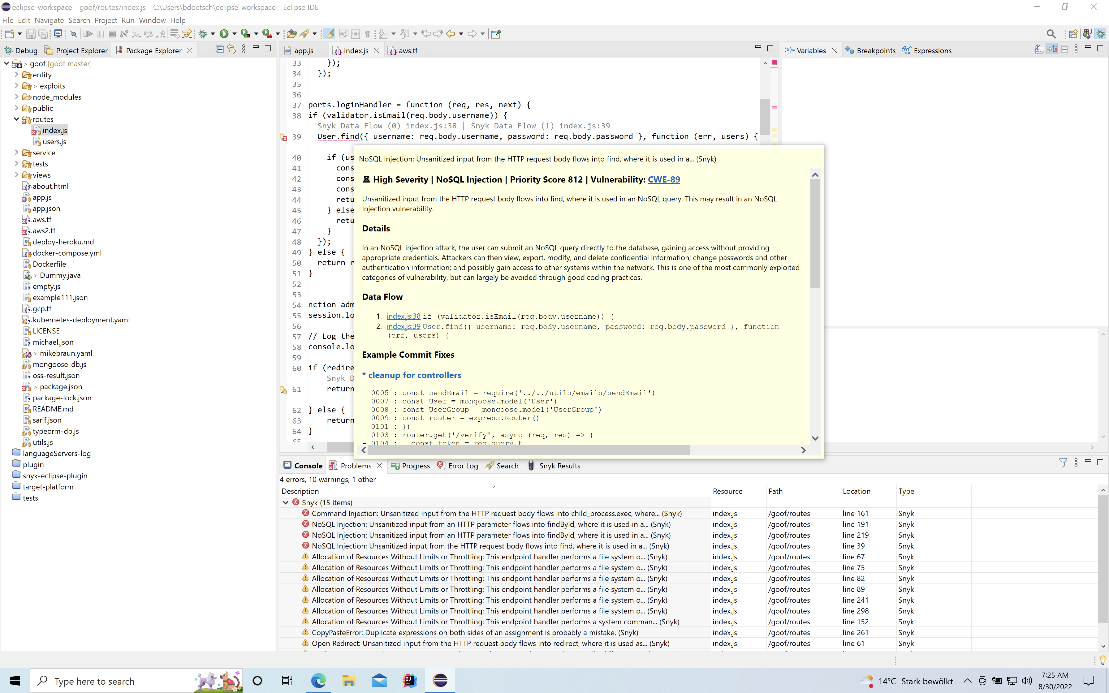 Snyk Code findings displayed in Eclipse