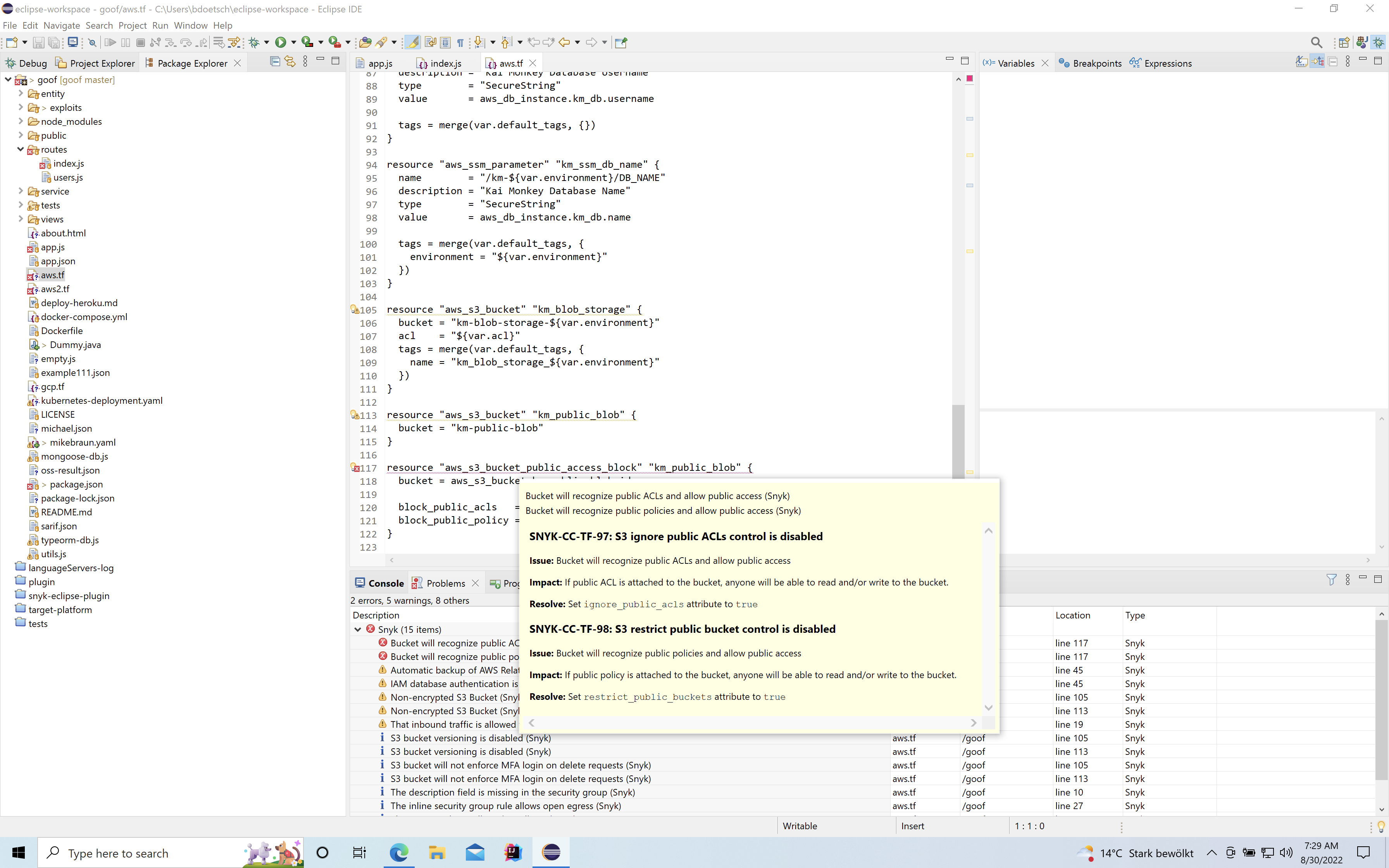 Snyk IaC findings displayed in Eclipse