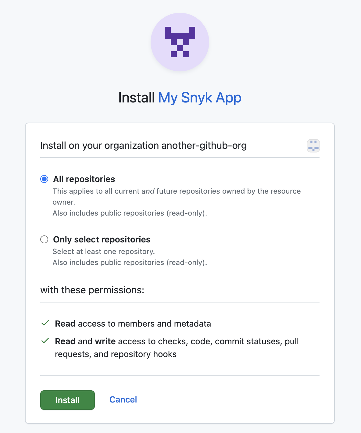 Install and authorize settings for the GitHub organization you are installing the GitHub Cloud App into