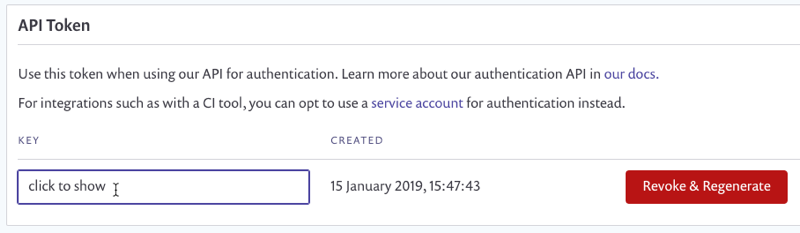 API token screen; revoke; regenerate; click to show