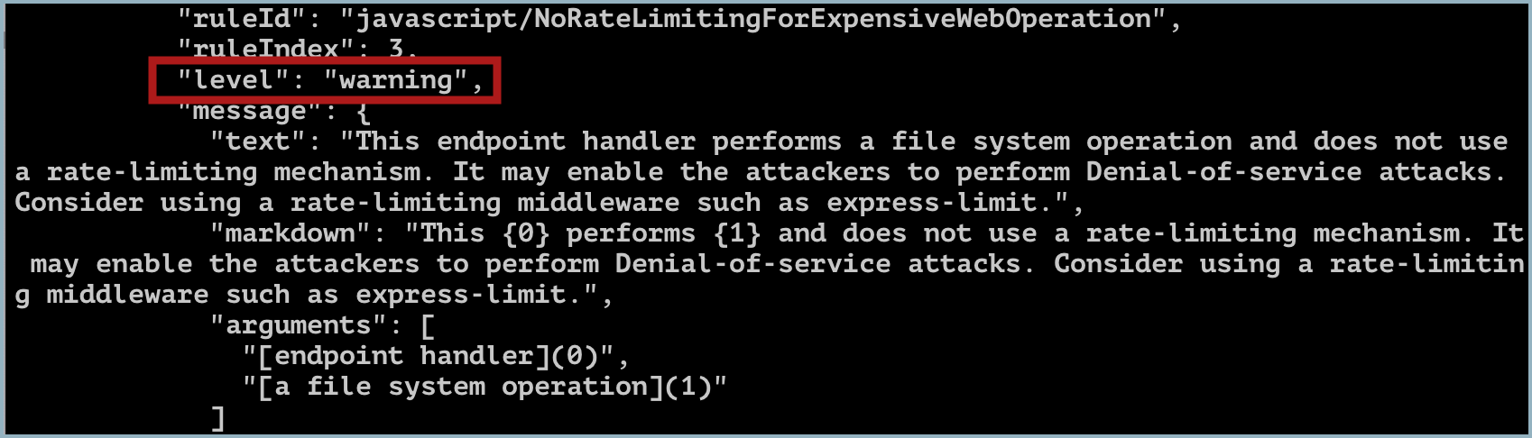 Medium severity in JSON or SARIF output