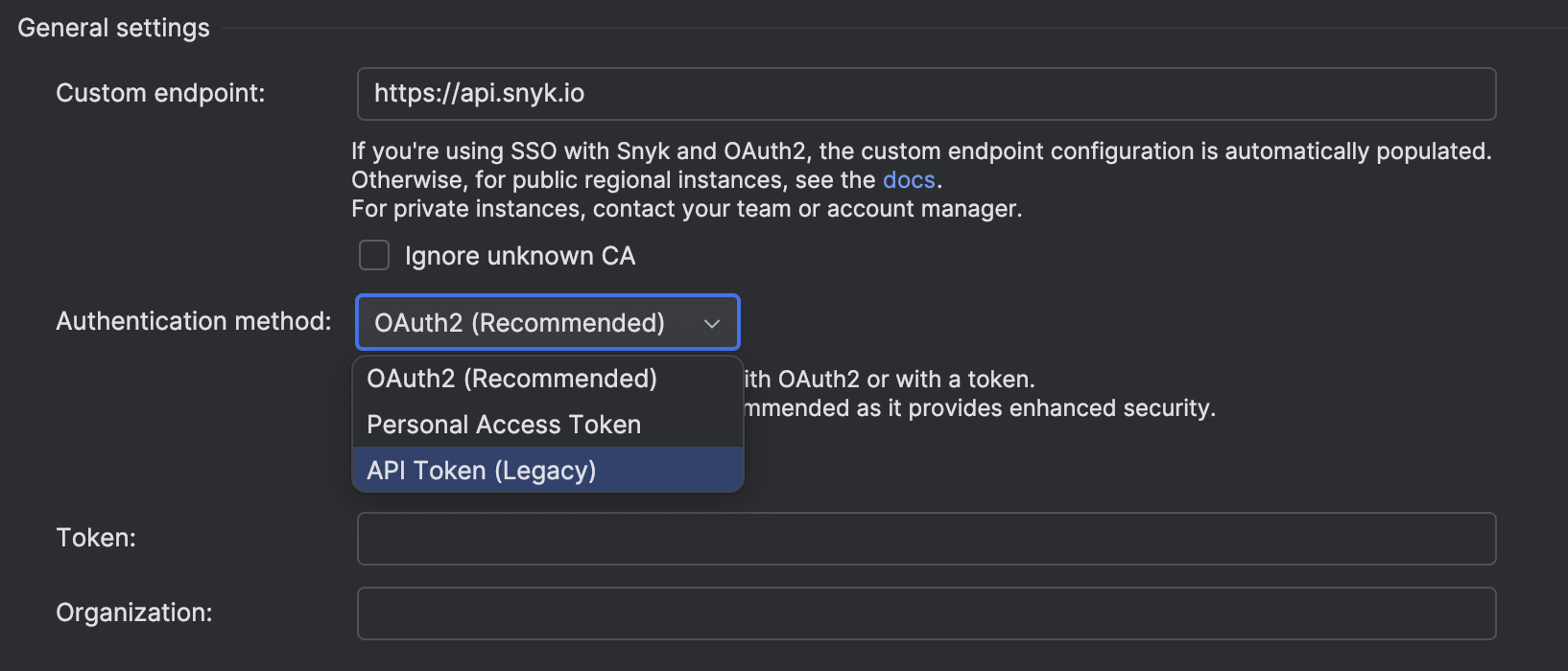 Selecting the API token authentication method
