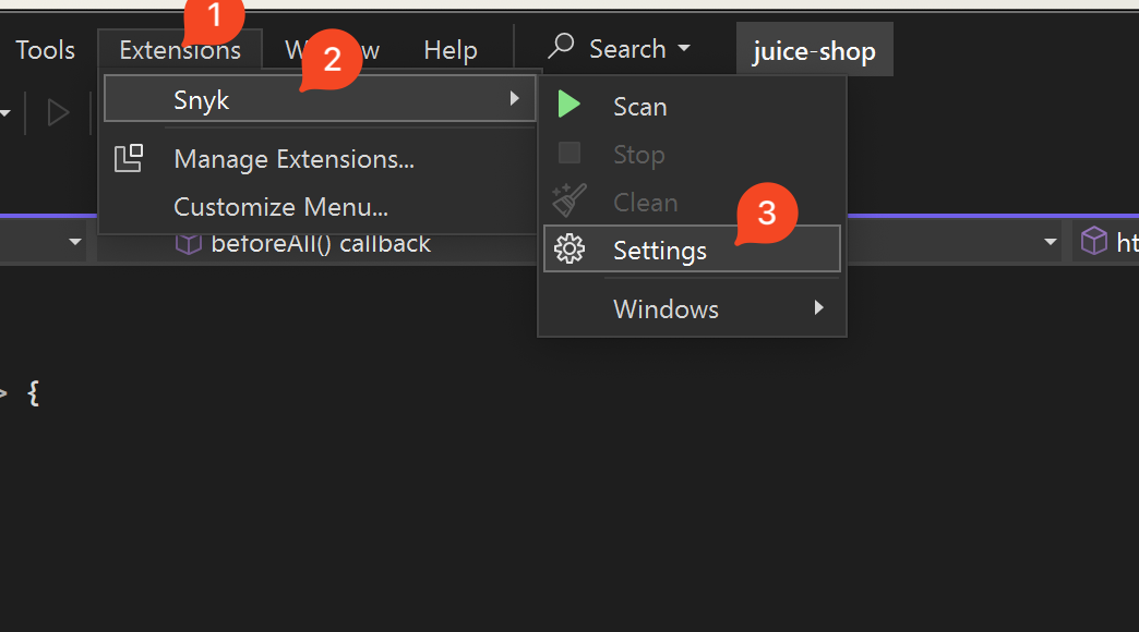 Snyk Settings navigation