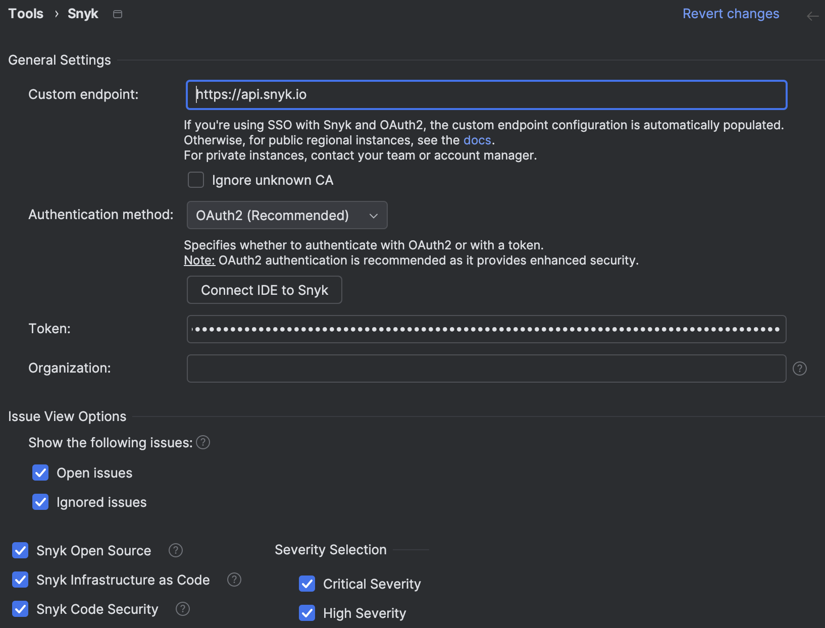 Snyk settings under Preferences, Tools, Snyk in a JetBrains IDE